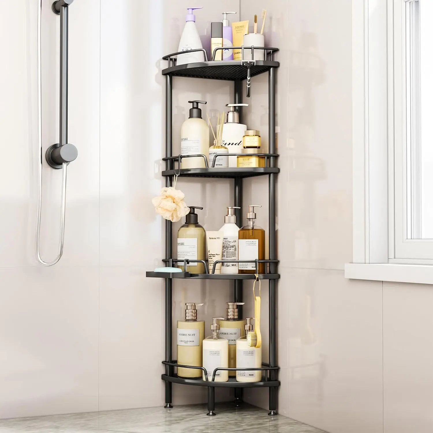 Consumest Corner Shower Caddy Stand - 4 Tier Shower Organizer with Soap Holder, Standing Tall Floor Shower Stand