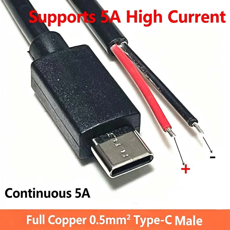 5PCS 2-Core Type-C Male Single End Power Supply Wire, USB-C 2-Wire 5A Fast Charging Pigtail Cable for Soldering Connection 1m