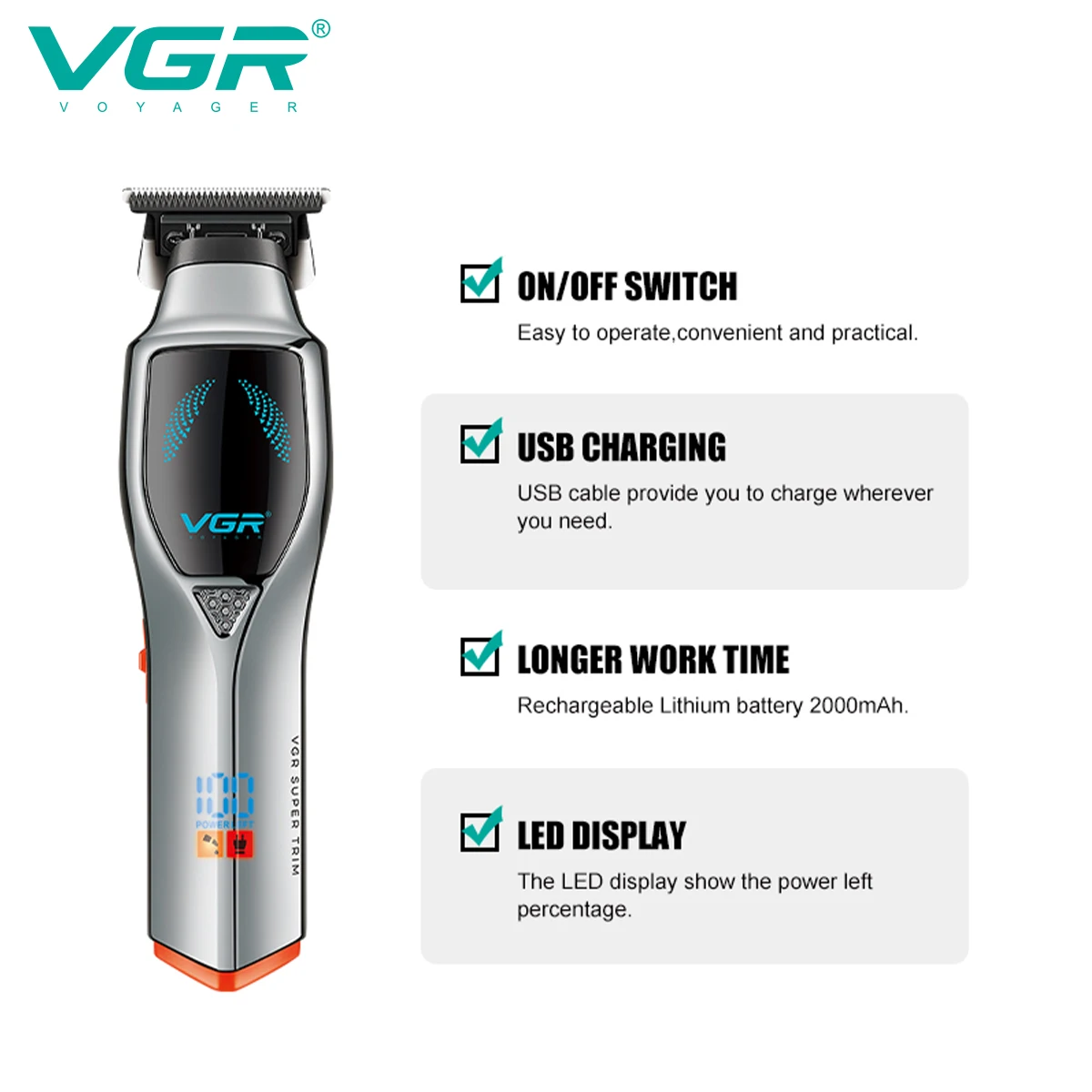 VGR Hair Clipper Electric Hair Cutting Machine Professional Hair Trimmer Cordless Barber Haircut Portable Trimmer for Men V-187