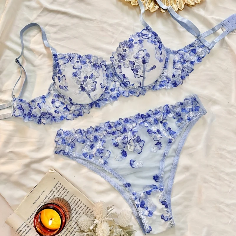 Bikini sexy lingerie French floral embroidery see-through multi-color set