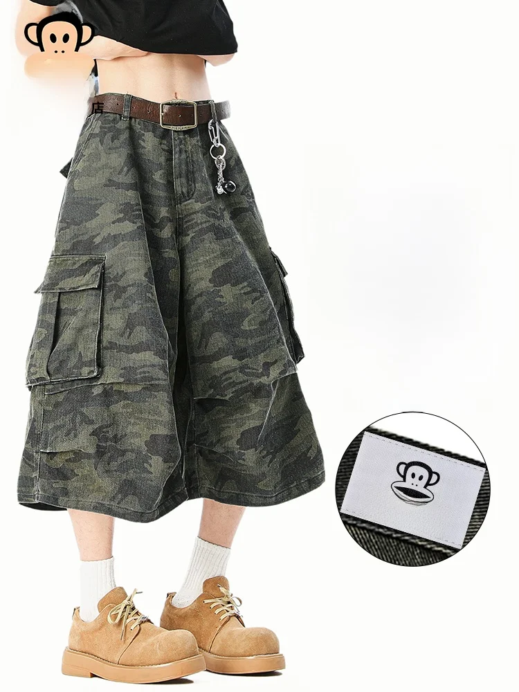 

PaulFrank Large Mouth Monkey Green Military Workwear Casual Pants Men's Retro Multi-Pocket Wide Leg Mid-Length Trousers