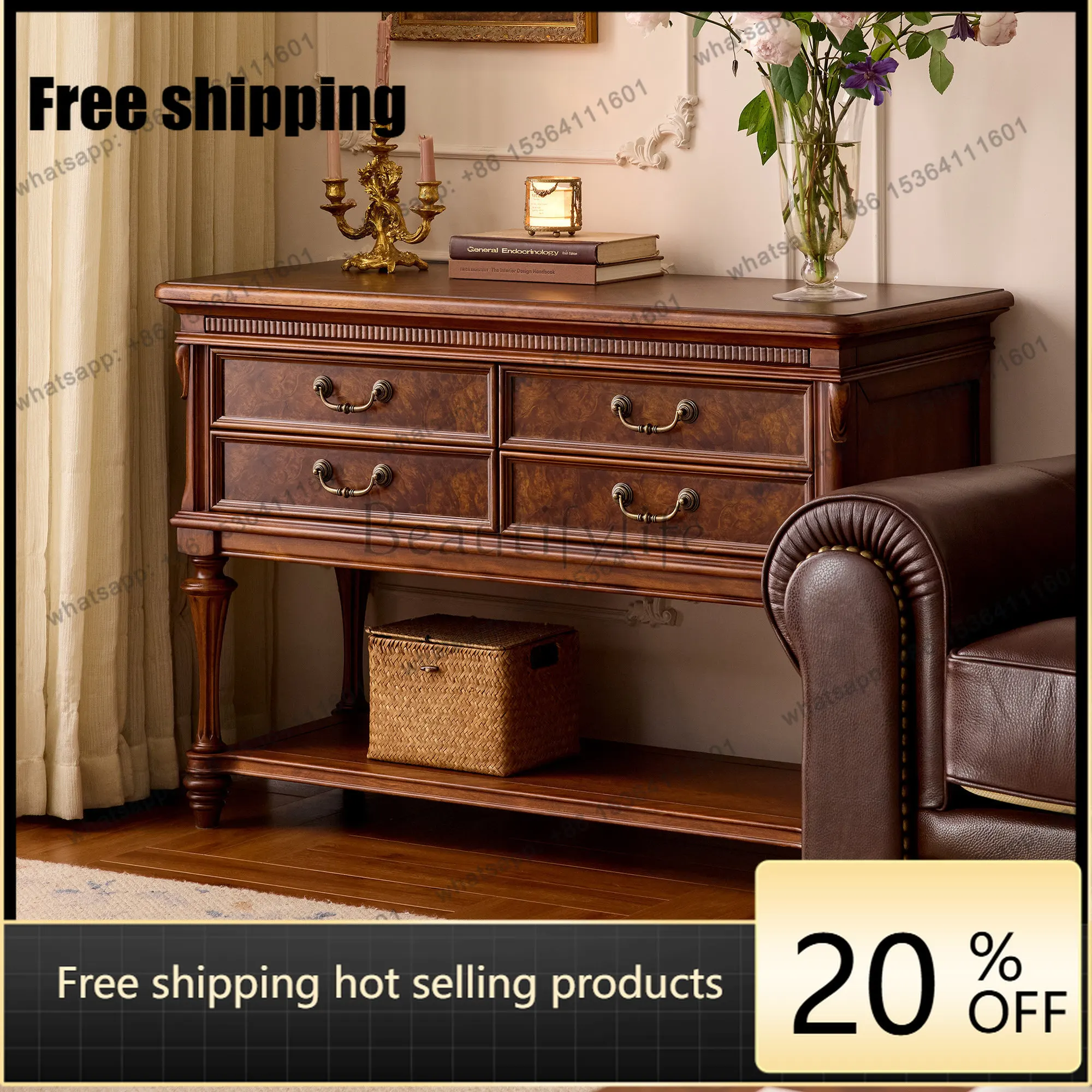 LD American retro solid wood chest, bedroom drawer storage, living room storage side cabinet