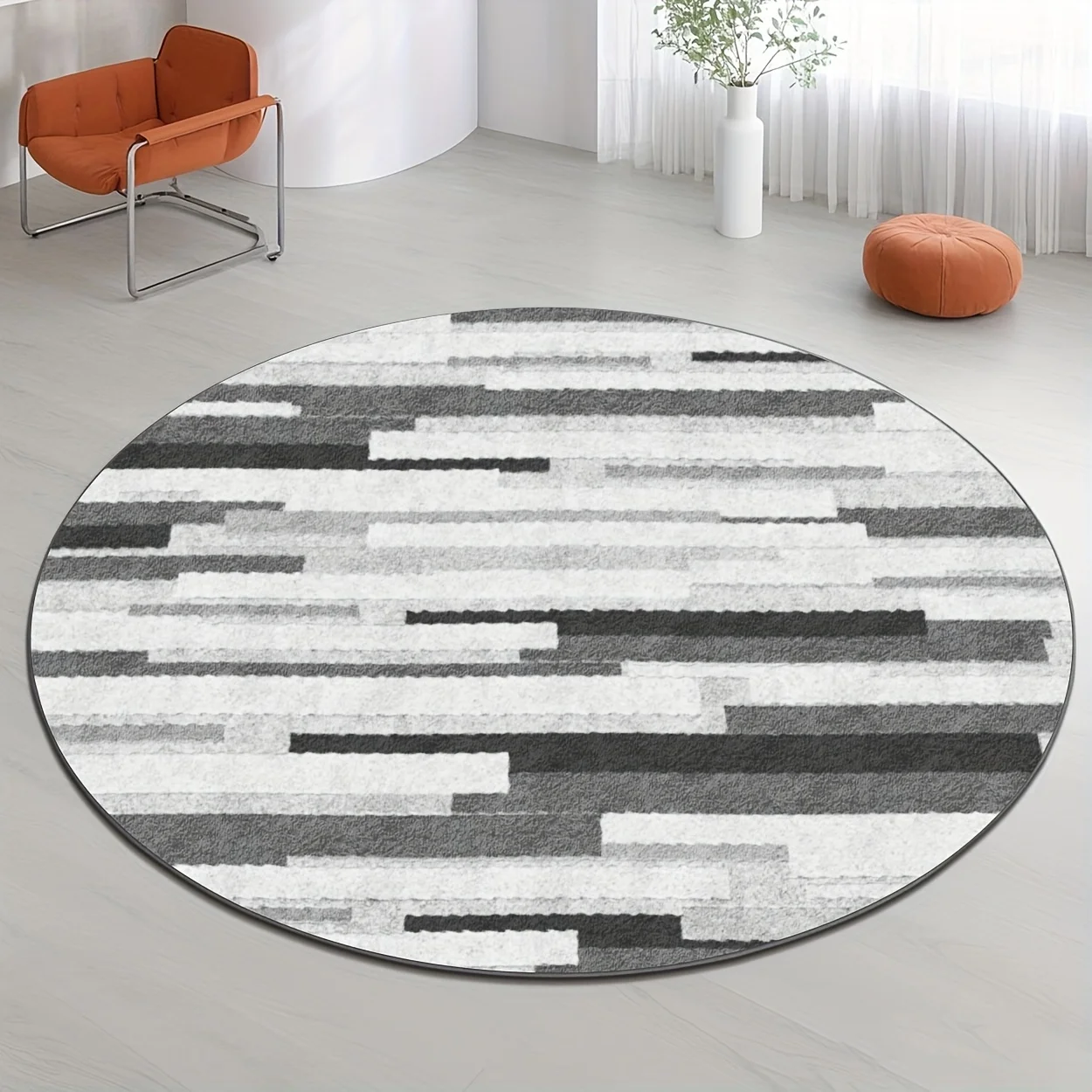 Minimalist Black Gray White Geometric Stripes Round Commercial Floor Rug Welcome Decor For Modern Office
