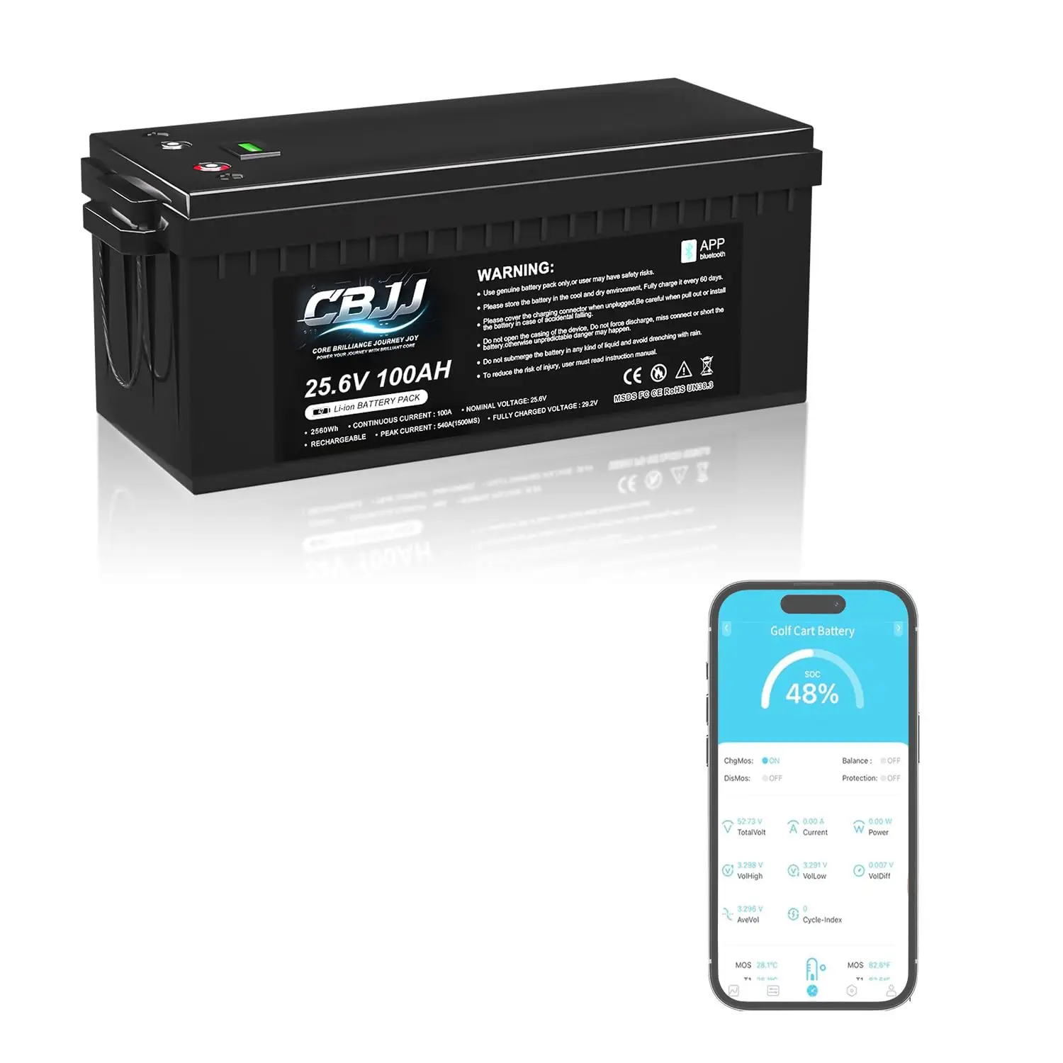 24V (25V6) 100Ah LiFePO₄ Battery with Bluetooth, Built-in 120A Smart BMS, 15000+ Deep Cycle, 2560Wh Grade A 24 V, Customized