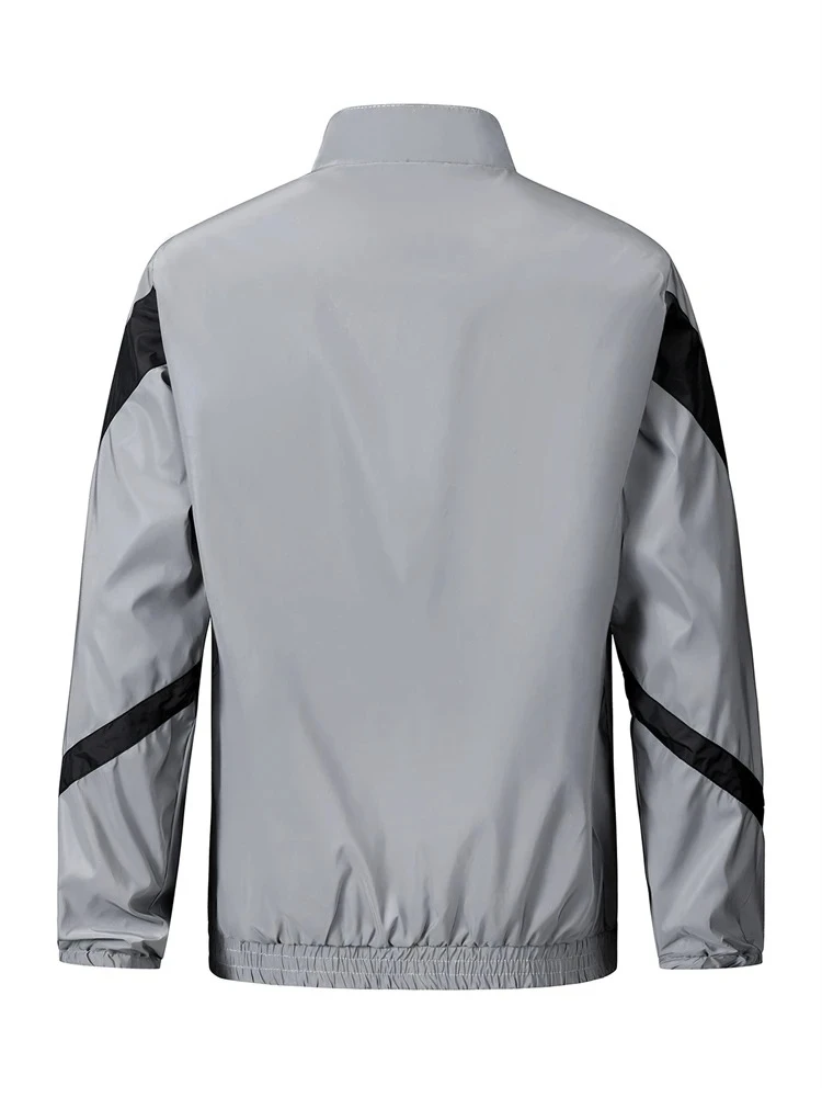 Chaqueta reflectante de noche para hombre, abrigos informales empalmados con cuello levantado a la moda, ropa de calle gris para baile Hip-hop a la moda para primavera y otoño