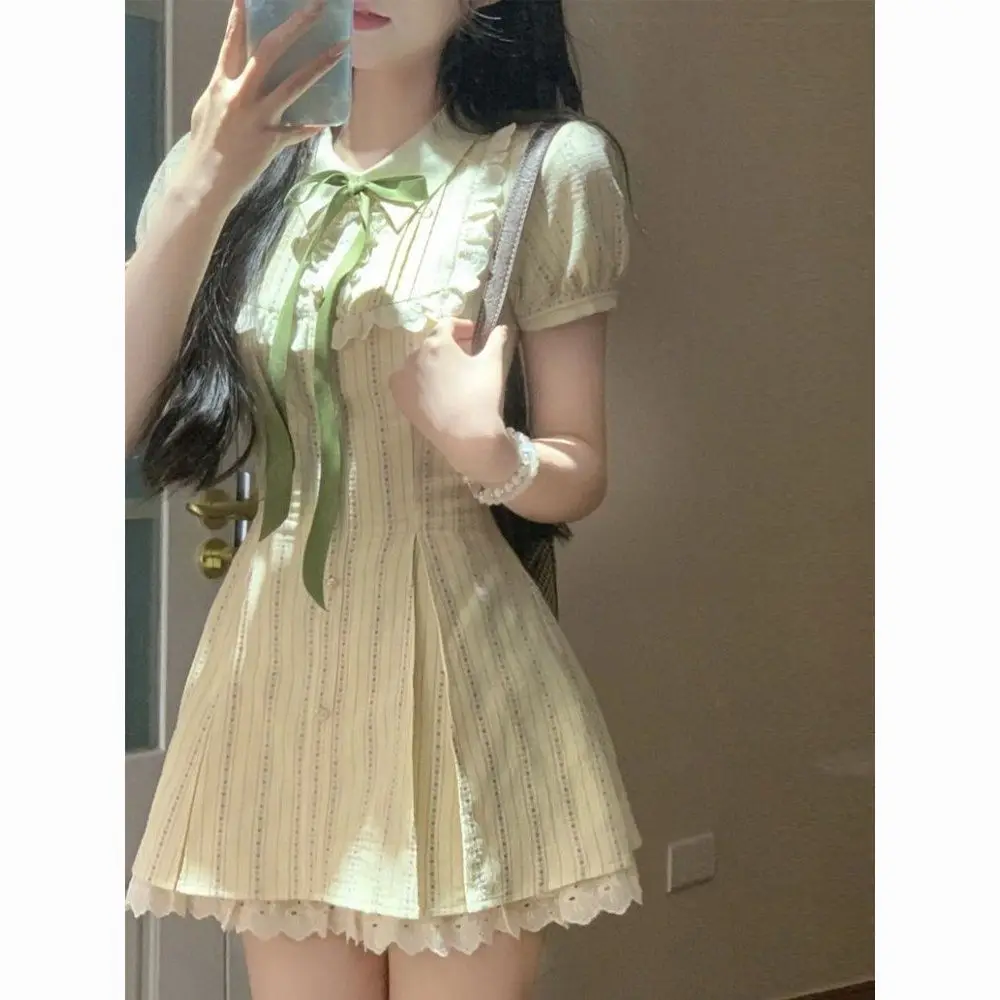 Japan Dress Summer Niche Design Lapel Sleeveless And Short Sleeves Dress Women\'S Sweet Temperament Short Dresses Fashion Elegant