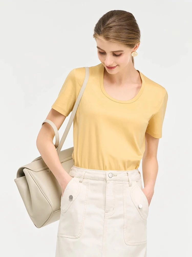 SuyaDream, Women Solid T Shirts, Silk Cotton Blend, Square Collar, Short Sleeved Tee, 2025 Summer Candy Colors Basic Cozy Top