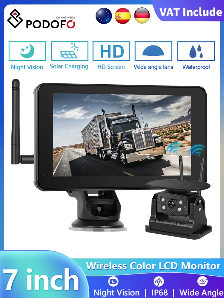Podofo 7 Zoll kabelloser HD-Automonitor mit Nachtsicht-Rückfahrkamera für LKW, Bus, Wohnmobil, Anhänger, Bagger, 12 V-36 V, BSD-System
