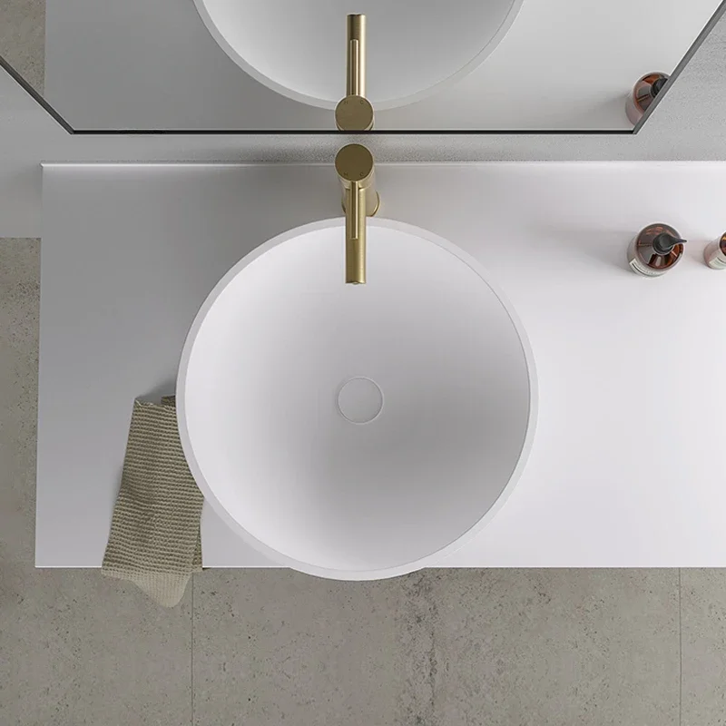 Matte white countertop basin, circular thin edged artificial stone washbasin, bathroom art washbasin