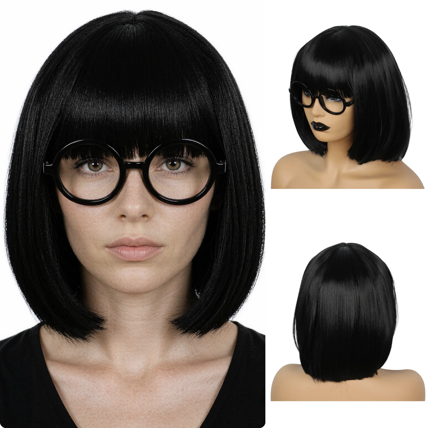 Black Short Bob Wig with Round Glasses Heat Resistant Synthetic Hair for Women