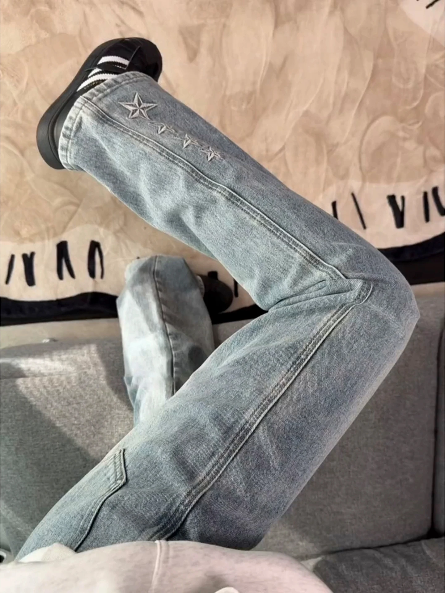 

Мужские джинсы Blue Star с вышивкой, расклешенные, утепленные флисом, с высокой талией, прямого кроя, в американском уличном стиле, осенне-зимние брюки