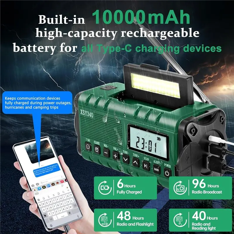 

Y22A-Emergency Weather Radio,AM/FM/NOAA Hand Crank Solar Powered 10000Mah Phone Radio,LCD Display Alarm Clock Easy Insta