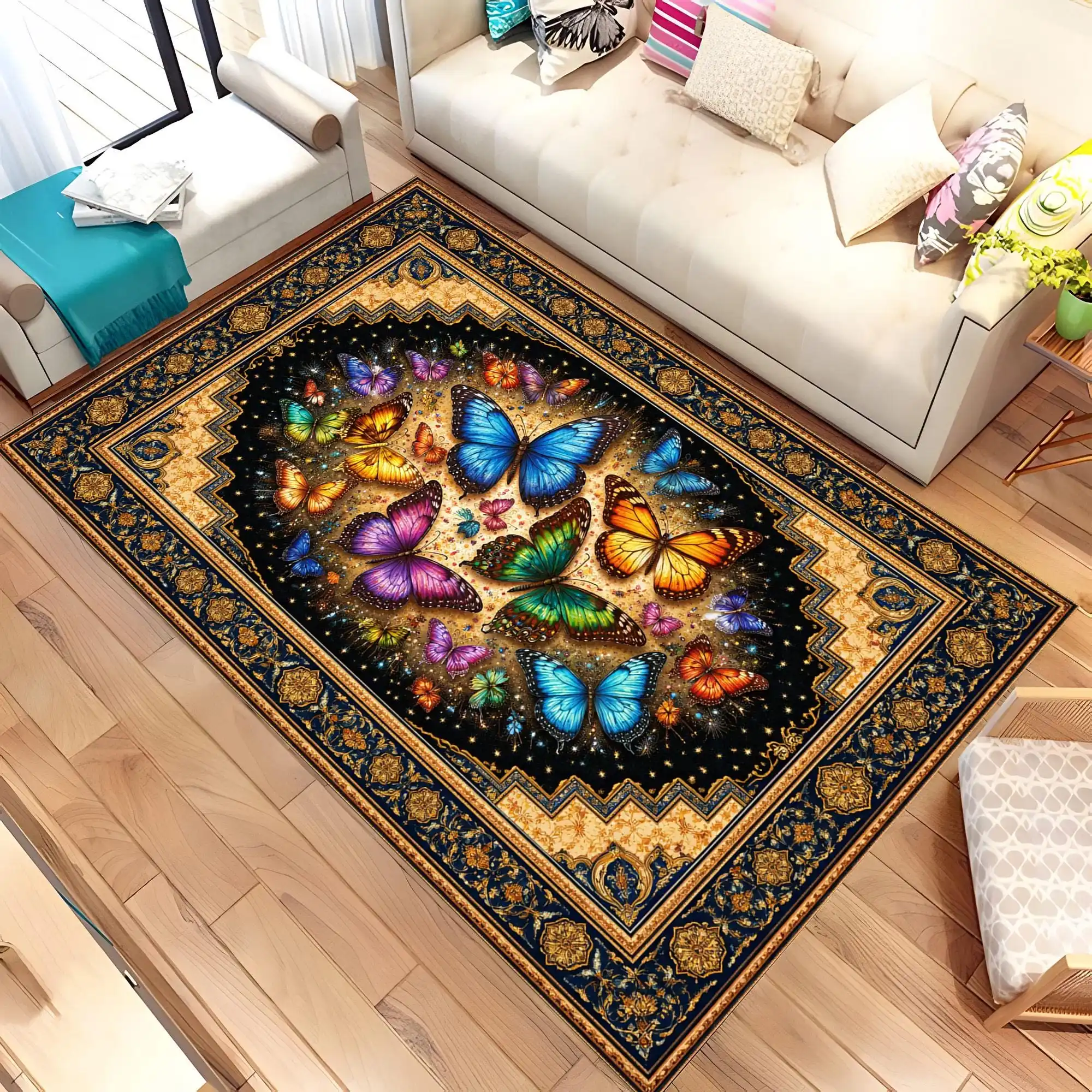 Vintage Peacock Butterfly Colorful Spring Floral Border graphics Rug,Café Sofa Living Room,Non Slip Rug,Surprise