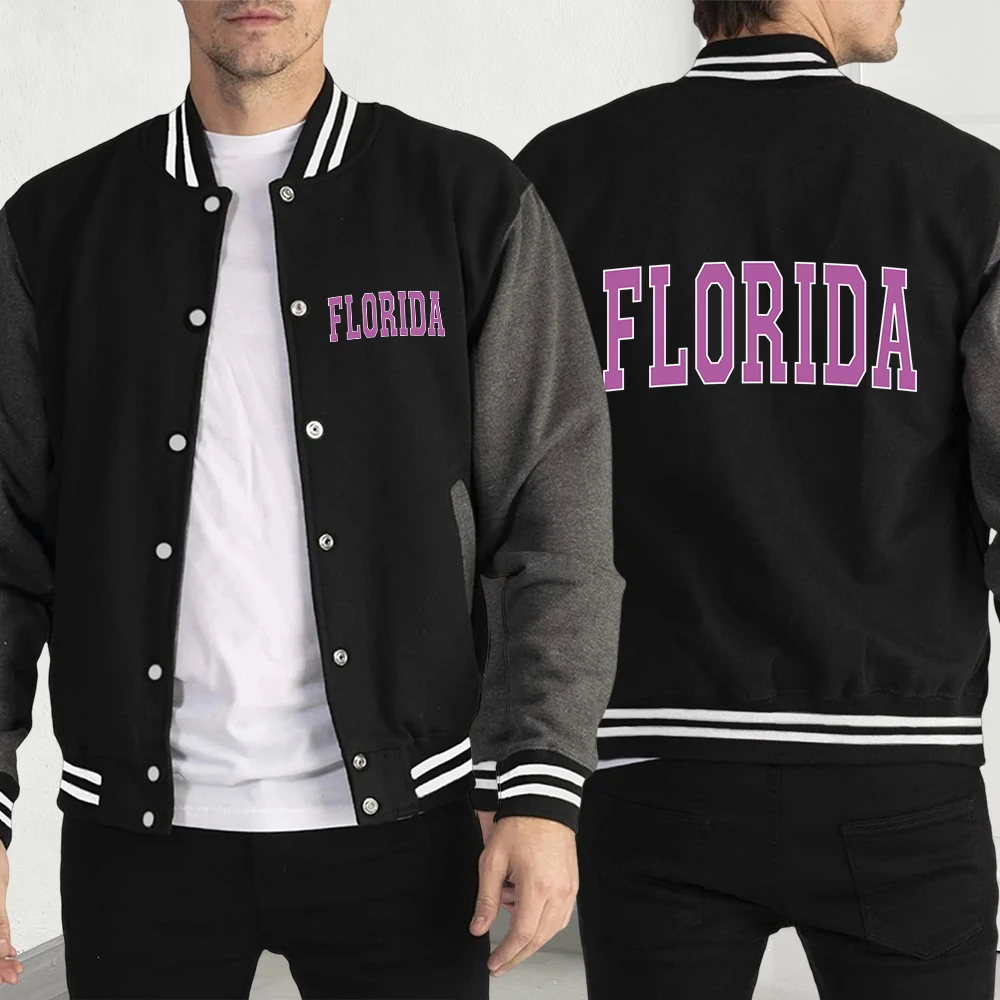 

Florida Pink Letter Print Man Jacket Autumn Fleece Warm Clothes Casual Comfortable Baseball Jersey Unisex Loose Sportswear