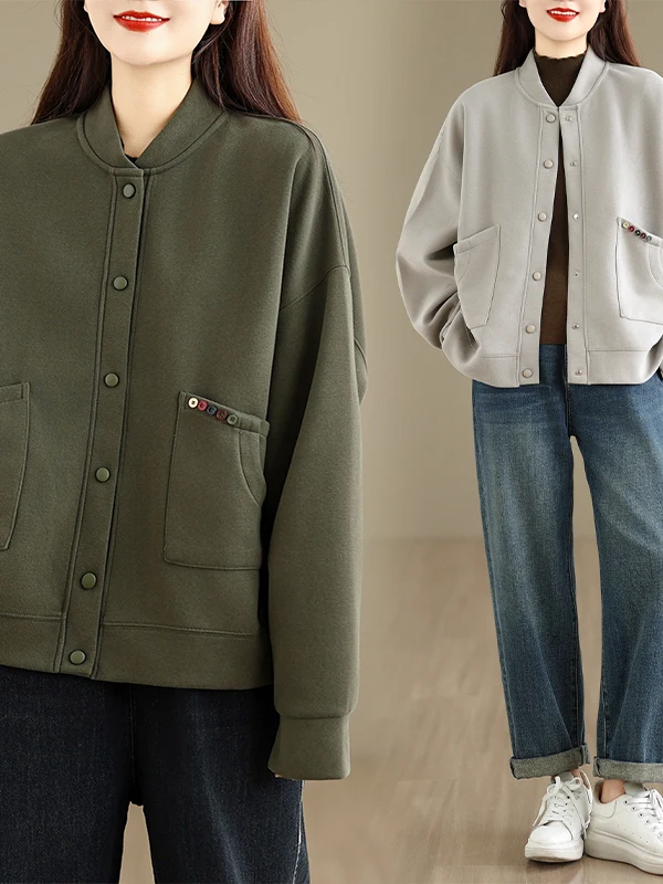 Jaqueta de Mole de Aodão Tricotado Autêntica Estilo Outono com Gola de Beisebol Ajuste Solto para Mulheres Casaco de Inv...
