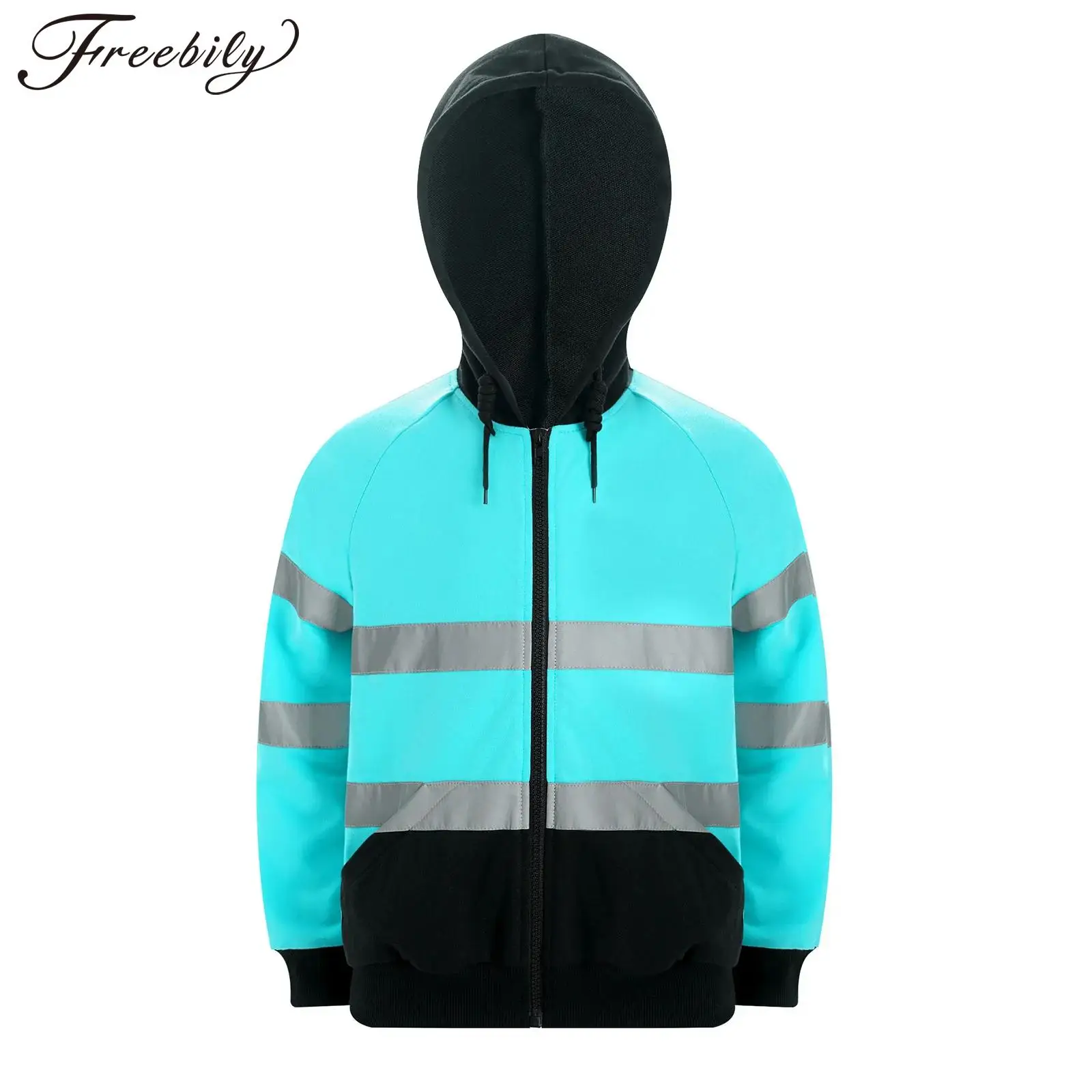 High Visibility Safety Sweatshirt for Kids Boys Girls Reflective Zippered Hooded Sweatshirt Hi-Vis Safety Hoodie Jacket Coat