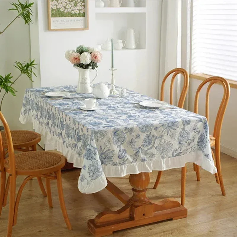 Cotton Ruffled Tablecloth for Wedding Home Party Dining Banquet Decoration Floral Embroidery Pattern Tea Table Protector 자수 식탁보