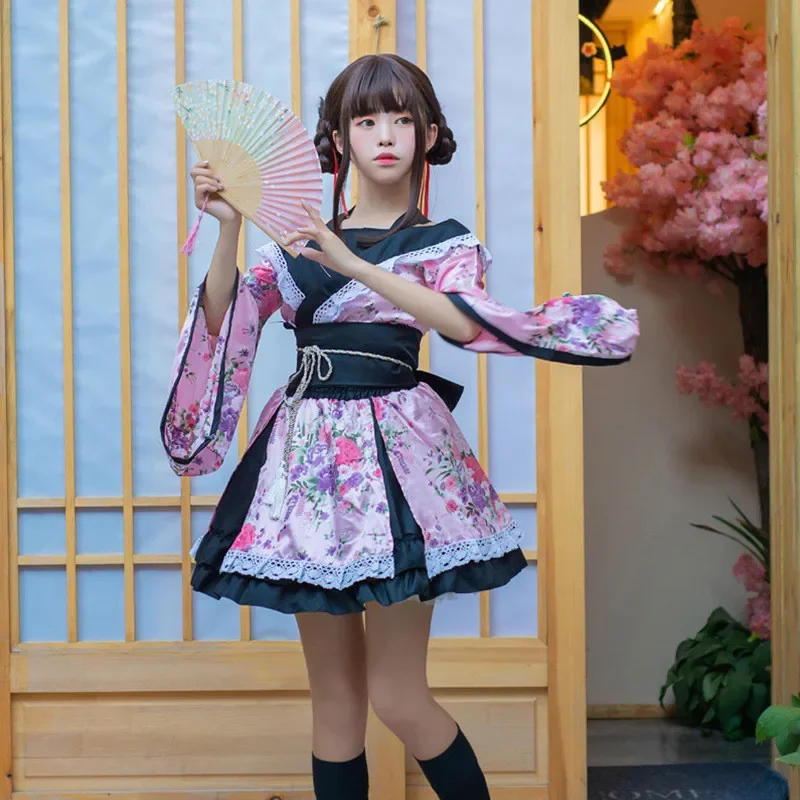 Japanese Kimono Anime Geisha Dancer Performance Costume 2024 Printed Pink Japanese Dress Traditional Dyed Dance Costume