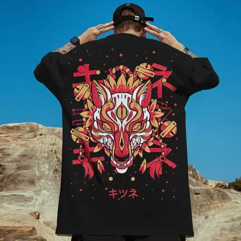 2024 Hot Japanese Ghost Warrior Print Men's T-Shirt Hip Hop Oversized T-Shirt Men's Clothing Retro Street Top