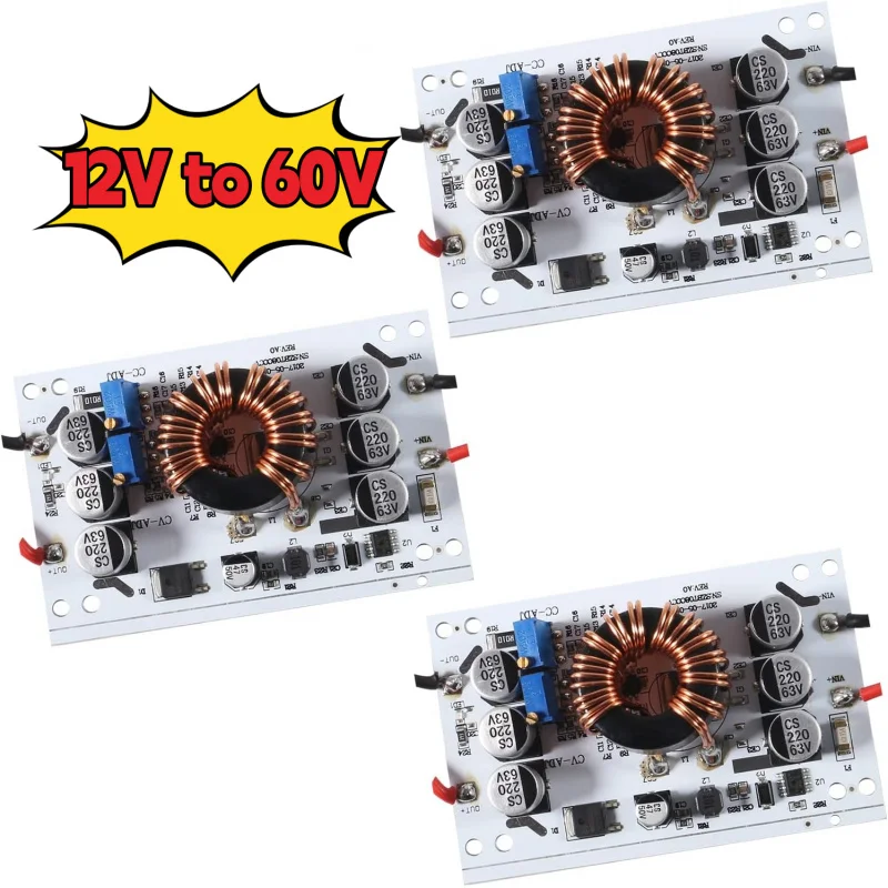 

3pcs 600W DC-DC Non-Isolated Boost Converter Module 10A Max Input Current, Adjustable Output 12V-60V