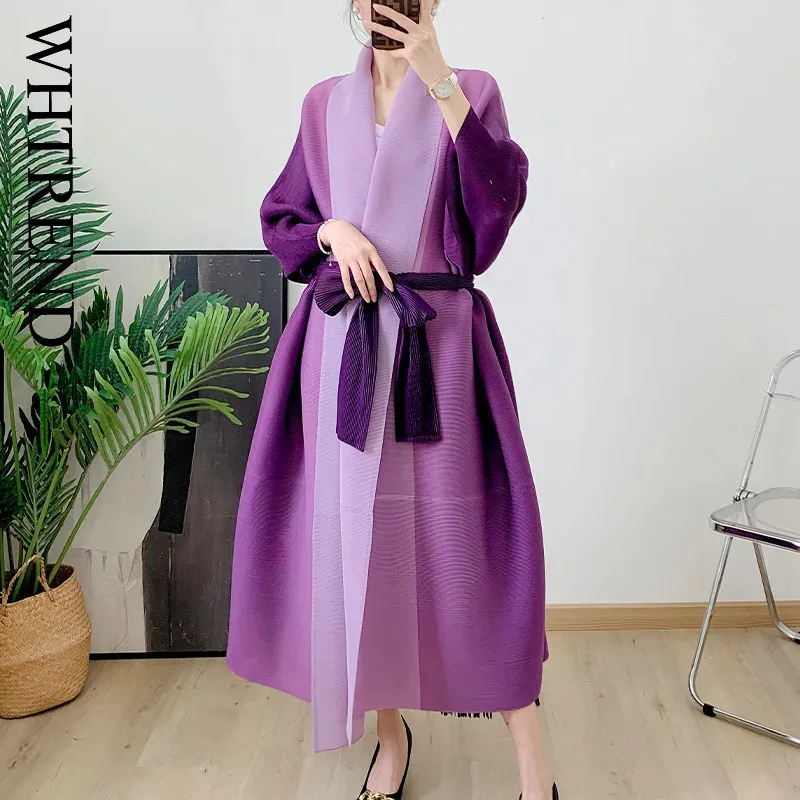 

WHTREND Women's Gradient Color Robe Coat With Belted Trench Design Loose Fit Pleated Long Length Coats Spring Autumn WH1152