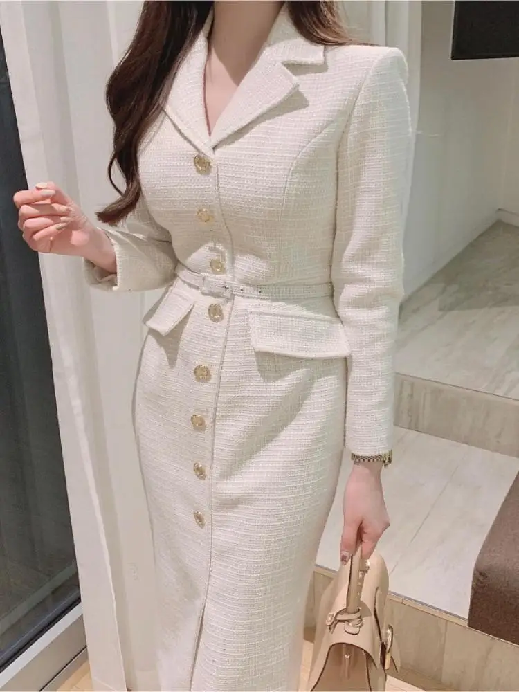 Fashion White Tassel Single Bodycon For Women Office Dresses Suit Collar Black 2023 Autumn New Long Sleeve Female Formal Dress