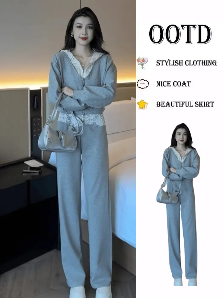 

Ранняя весна 2026, женский повседневный комплект спортивной одежды, кружевная лоскутная толстовка с капюшоном, спортивные штаны, комплект из двух предметов, Faionable Ele Sle