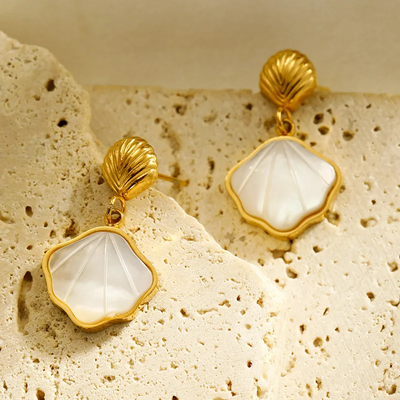 GANPUP 316l Edelstahl Naturstein Muscheln Baumeln Ohrringe Frauen 18k PVD Überzogene Mode Urlaub Schmuck Wasserdicht Geschenk – Detail 9