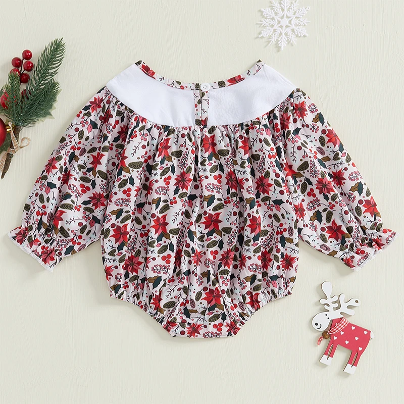 Baby Girl Christmas Outfit Smocked Bubble Romper Long Sleeve Floral Bodysuit Infant Fall Jumpsuit Xmas Clothes