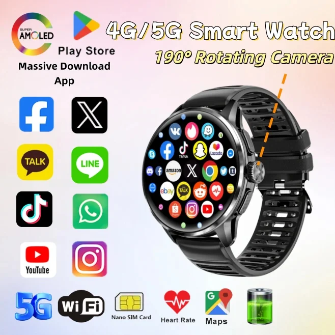 

НОВЫЕ умные часы Android с поддержкой 4G/5G, 1.6-дюймовый AMOLED-экран, 190 ° Смарт-часы для мужчин с вращающейся камерой, поддержкой Google Play, Wi-Fi и GPS