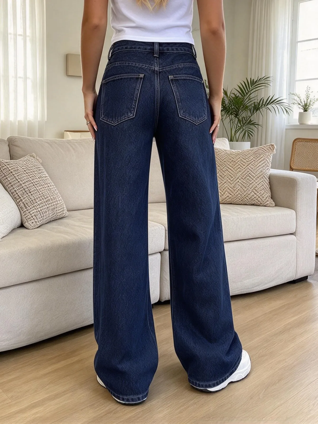 【HME】Jeans | American Retro Casual Style Women Denim Pants, High Waist Wide Leg Floor-Length Jeans, Dark Indigo Raw Denim Premium Timeless Look, Loose Fit For Various Body Shapes, For Commute Shopping Trips Multi-Scenes