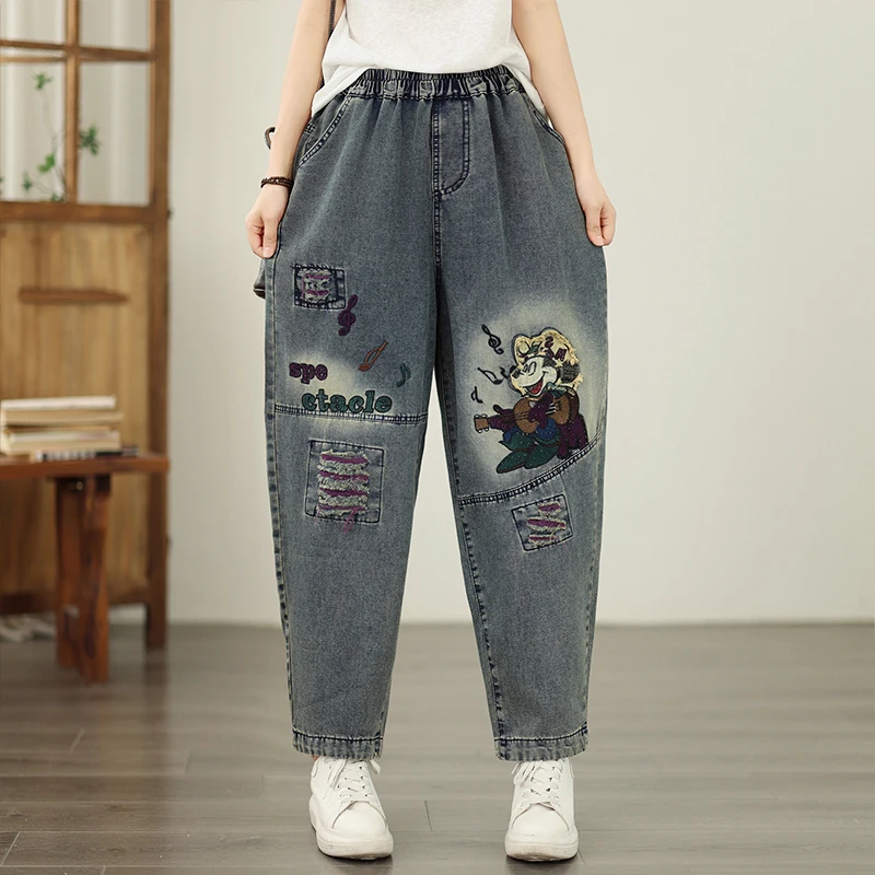 New Large Size Loose Casual Fashion Artistic Harajuku Dad Jeans Embroidered High Waist Thin Denim Cotton Blend Blue Jeans