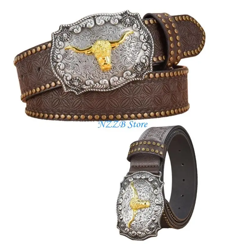 

T21F Teens Man PU Cowboy Belt with Embossed Pattern Adjustable Waist Belt for Trouser