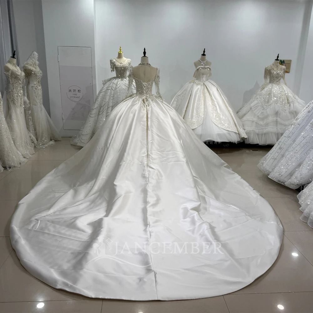 New Design Bohemian Wedding Dress Sequins Bridal Dresses Satin Ball Gowns Scoop Neck Long Sleeves Customized Vestidos De Novia
