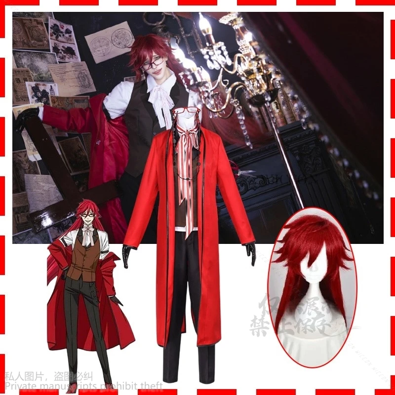 Anime Black Butler Grell Sutcliff Michaelis Cosplay Costume Wig Uniforms Cosplay Halloween Party Unisex Fancy Red Suit Glasses