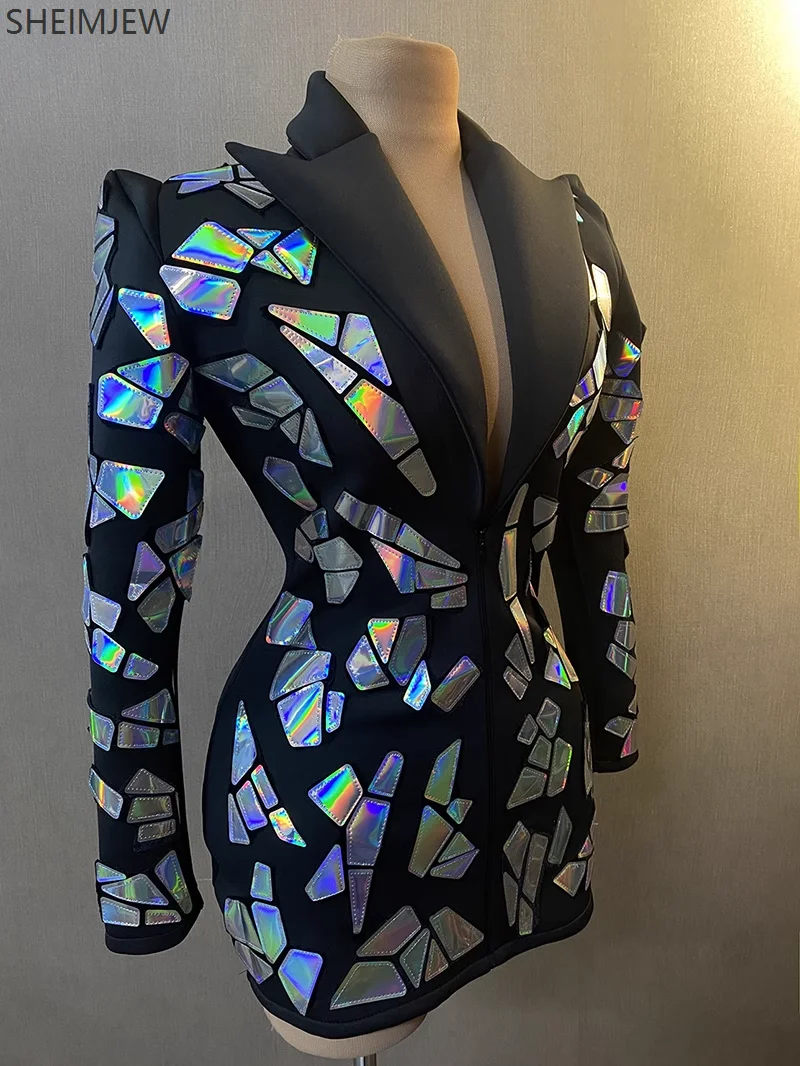 

Shiny Mirror Women's Long-sleeved Cosplay Sexy Deep V-neck Party Suit Jacket Evening Nightclub Singer Performance Stage Costume