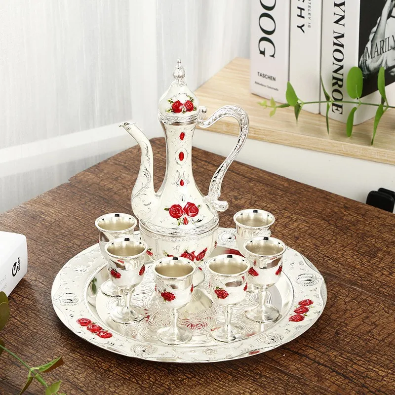8 in 1 European Style Luxury Quanlity Zinc Alloy Home Decor Ornaments Rose Wine Set ，One Pot One Plate and 6 Cups Set