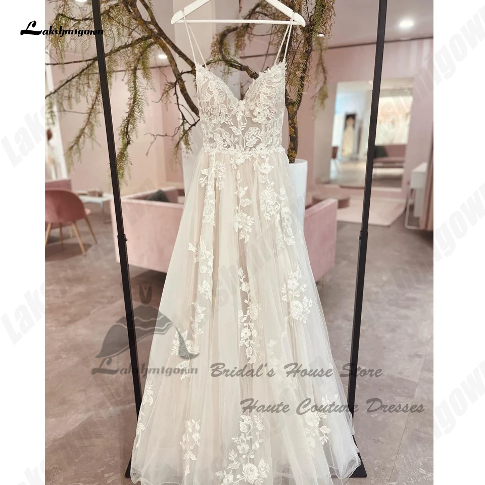 Lakshmigown Vintage A Line Beach abito da sposa in pizzo Applique Robe Mariage Femme 2023 Champagne Boho abiti da sposa Spaghetti Strap