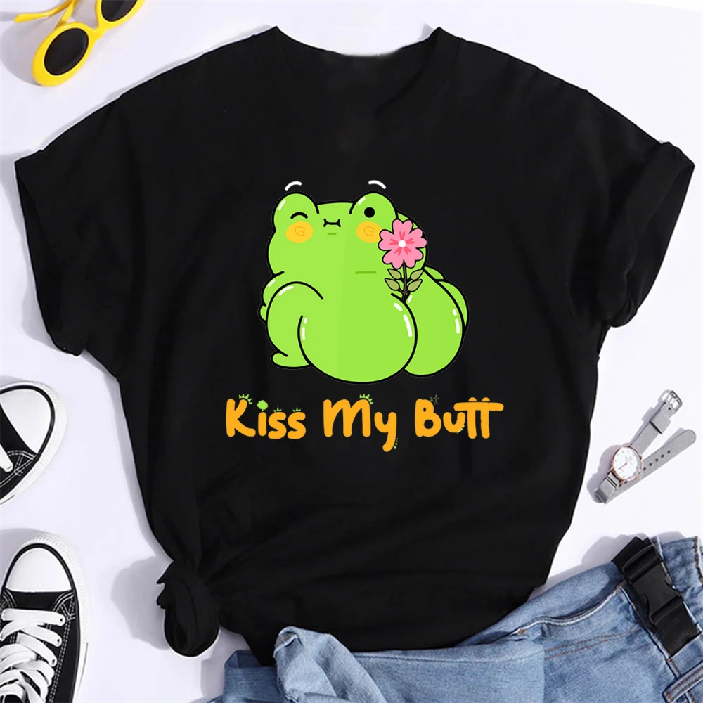 Kiss My Butt Cartoon Funny Frog Print T Shirt Tops Summer Casual Women T-Shirt O Neck Streetwear Kawaii Anime Tshirt