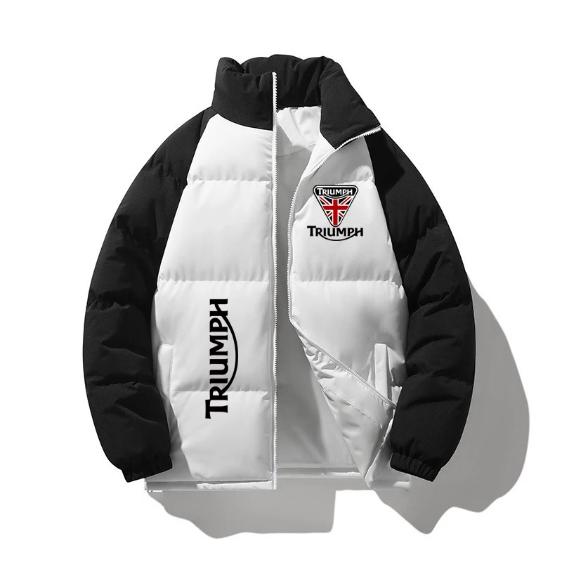 Men Motorcycle Puffer Jacket Black White Color Block Stand Collar Cotton Coat Jack Warm Zipper Outerwear Biker Riding Casual Win