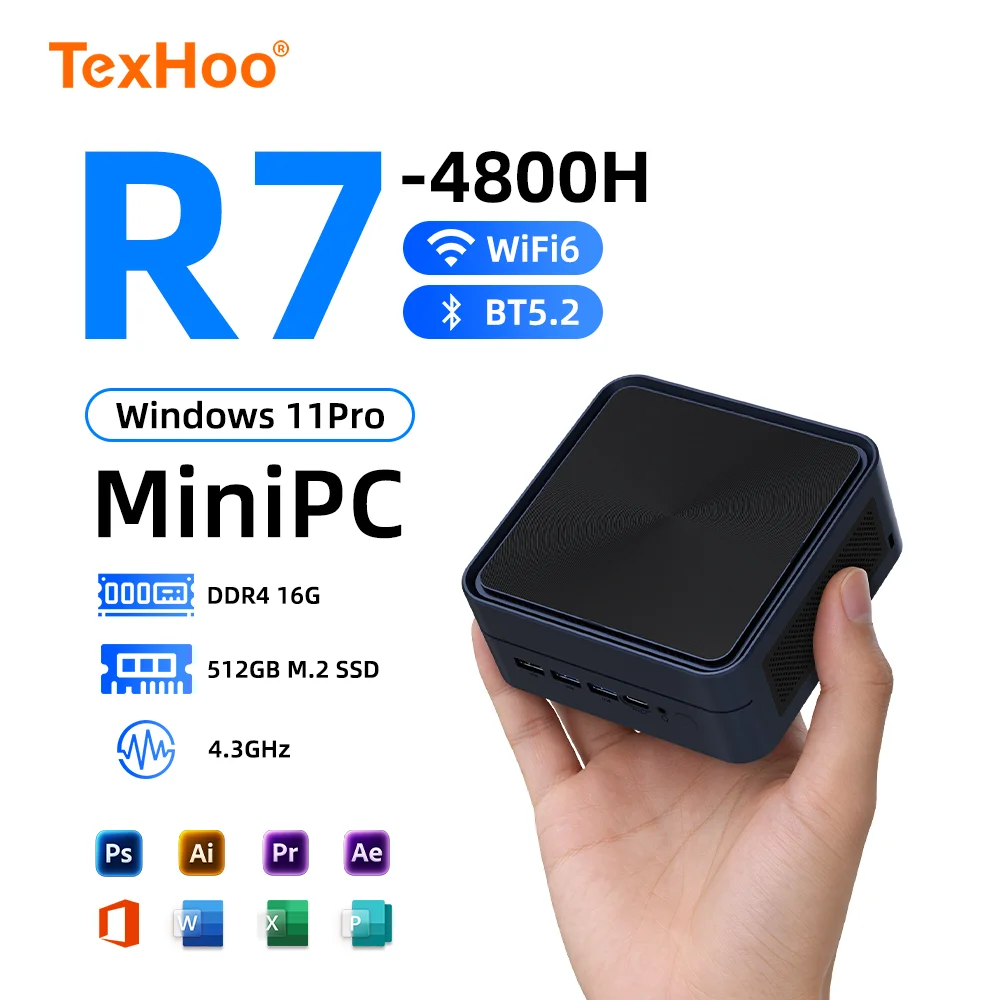 Texhoo MINI PC Computer Gaming AMD Ryzen7 4800H 5800H 16G DDR4 2666MHz 512G NVMe SSD Pocket Dual HDMI LAN WIFI6 BT5.2 NUC Office
