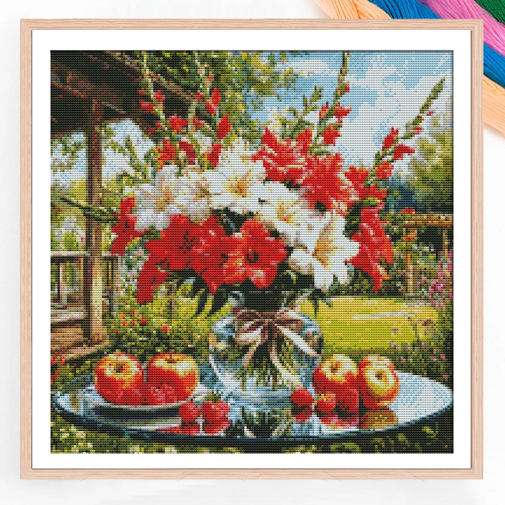 Kreuzstich-Set Blumenvase Stickerei Obst Heimdekoration Handarbeit Fäden 11CT Bild Gedruckt