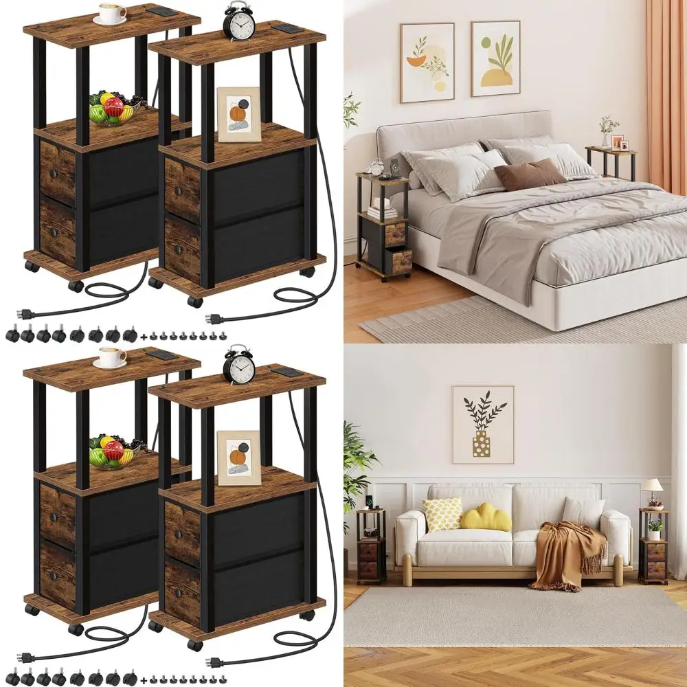 

Compact 2-Drawer Fabric Side Tables, USB Charging Nightstands with Wheels for Small Spaces, Set of 2 TB01BB053C