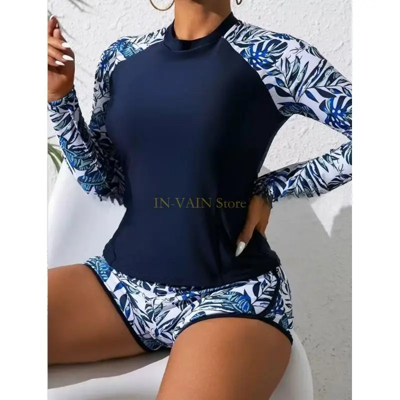 

M5TC Women's Long Sleeves Swimwear with Shorts Two Pcs Tankini Swimsuit Floral Print Bathing Suit for Beachwear