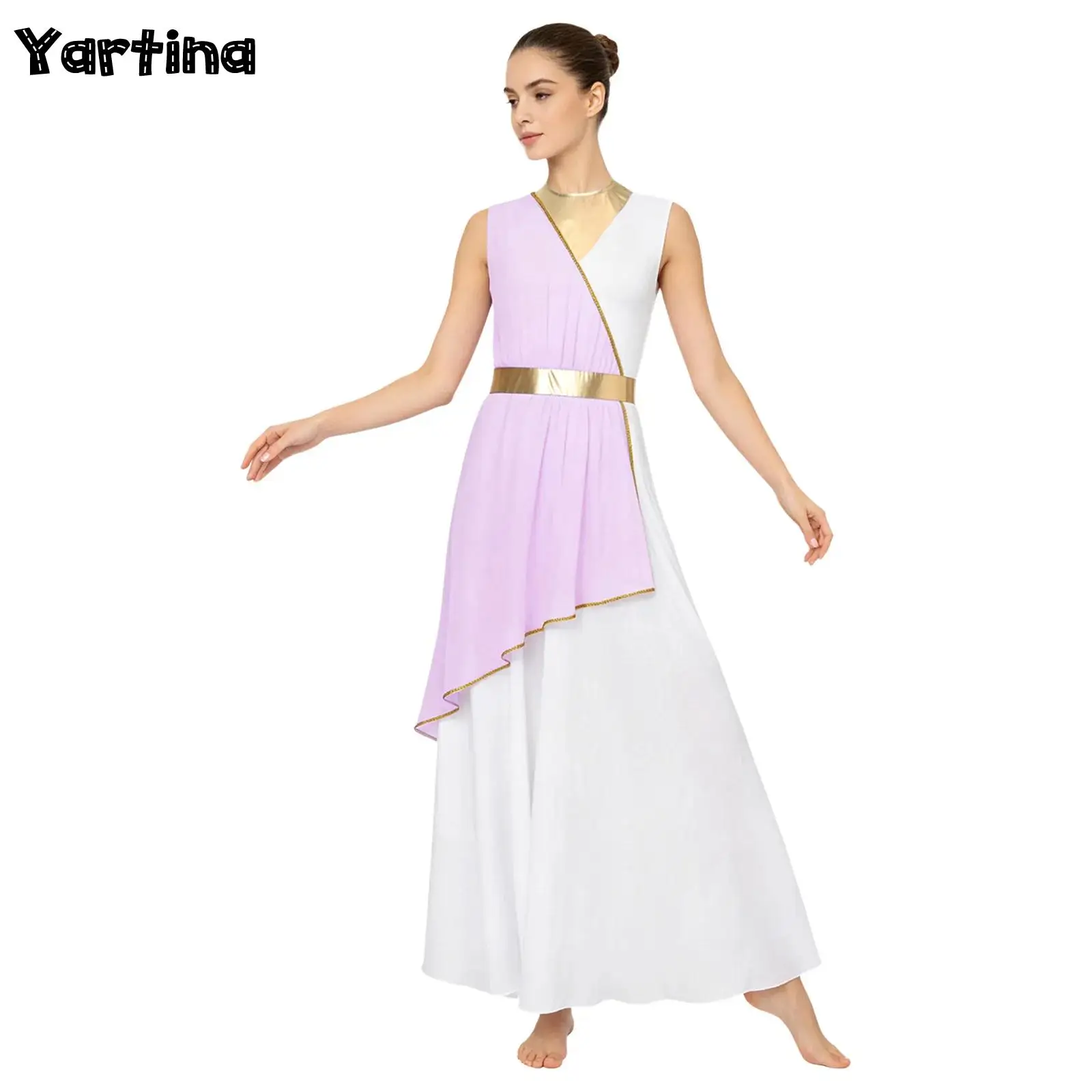 

Womens Ballet Lyrical Liturgical Dance Costume Draped Overlay Gold Trim Metallic Waist Tunic Dress Worship Praise Dancewear