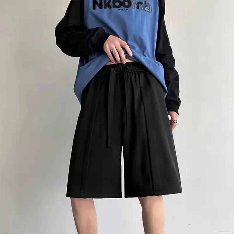 Solid Shorts Men Pleated Summer Knee Length Trendy Korean Style Leisure Temperament Baggy Streetwear Simple All-match Teenager