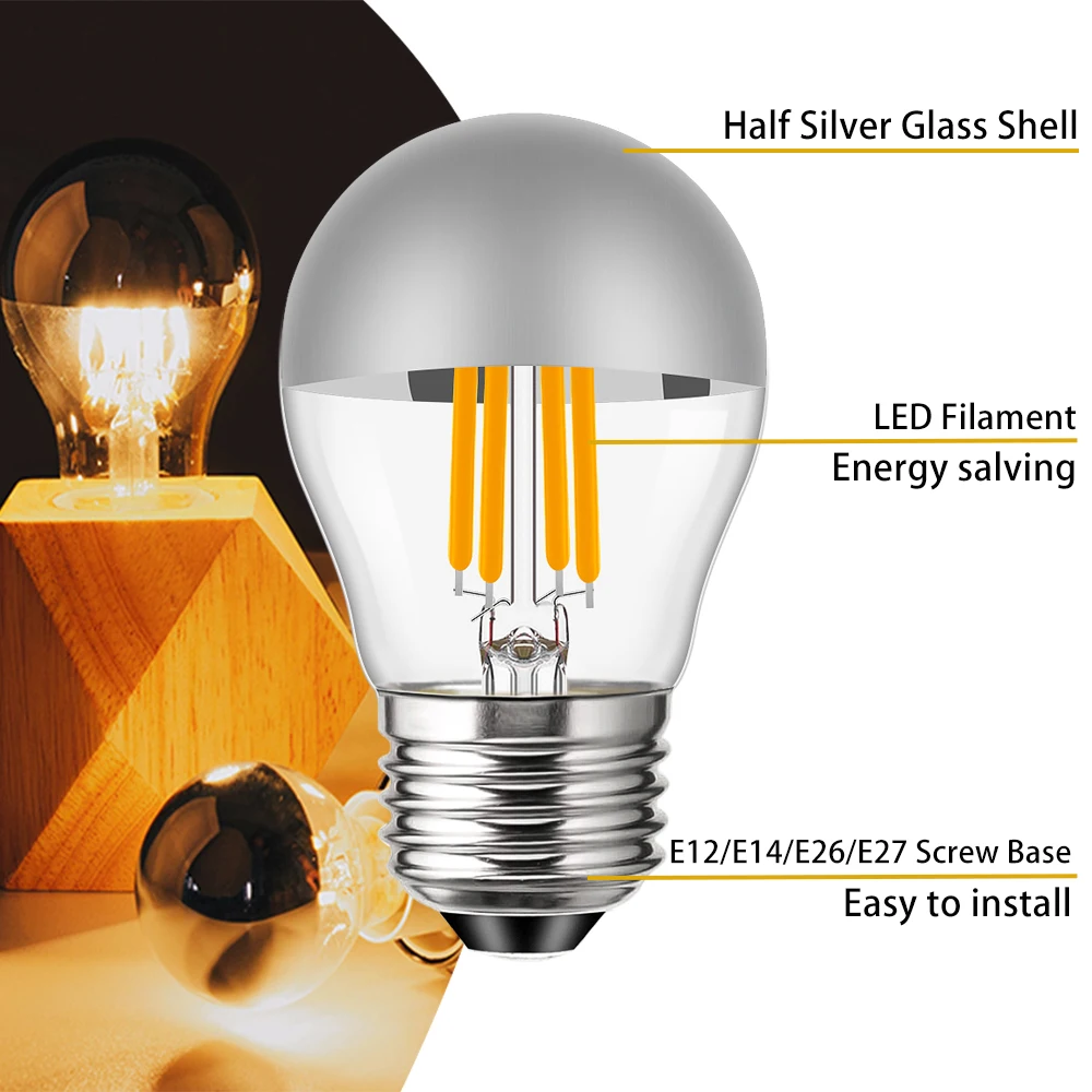 G45 Edison LED Night Bulb E12 E14 E26 E27 4W Dimmable 110V 220V Globe Top Silver Warm White Mirror Light Pendant Lamp Home Decor