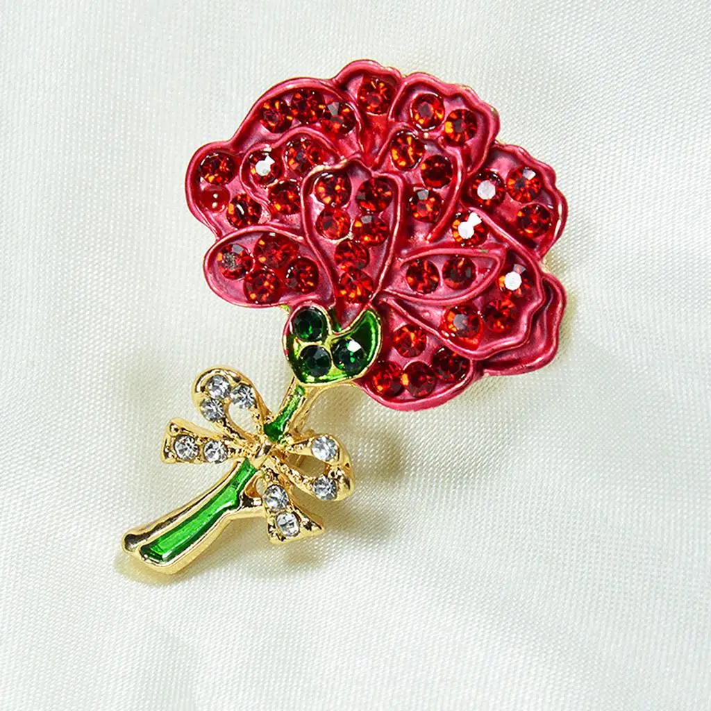 Carnation Crystal Flower Brooch Elegant Metal Lapel Pin Garment Decoration Badge for Mom Women Clothing