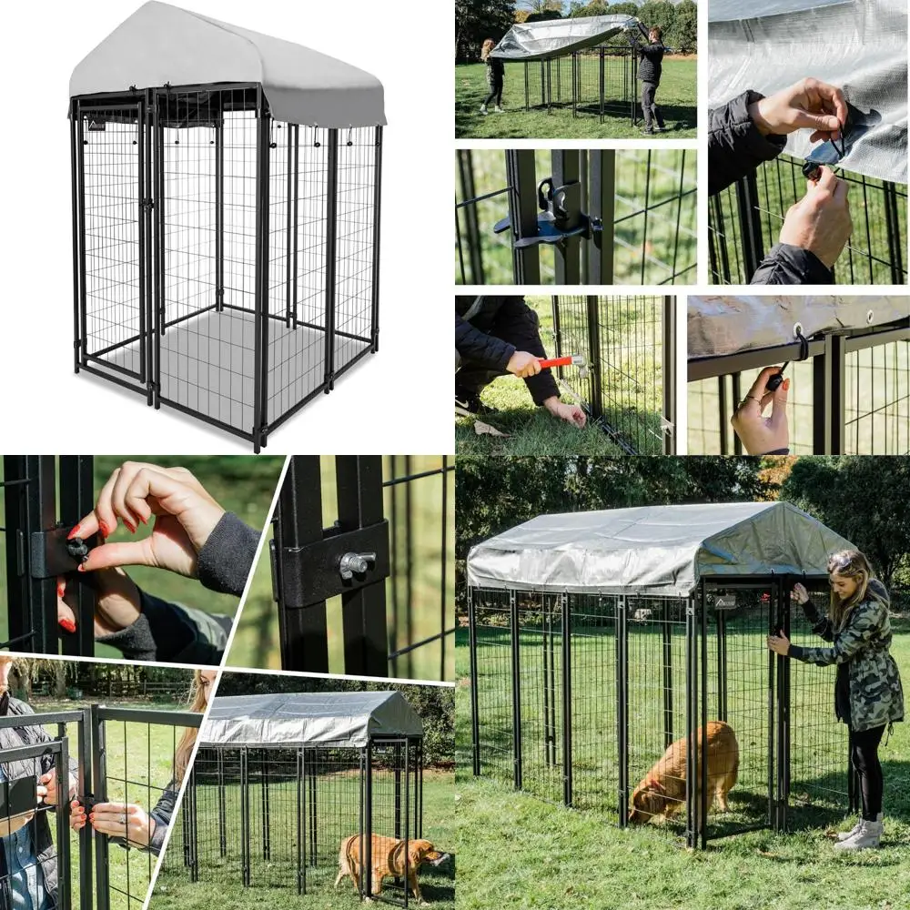 

Small Outdoor Dog Kennel with UV Protection Waterproof Cover - 4x4x6 Welded Wire Kennels Ideal for Dogs