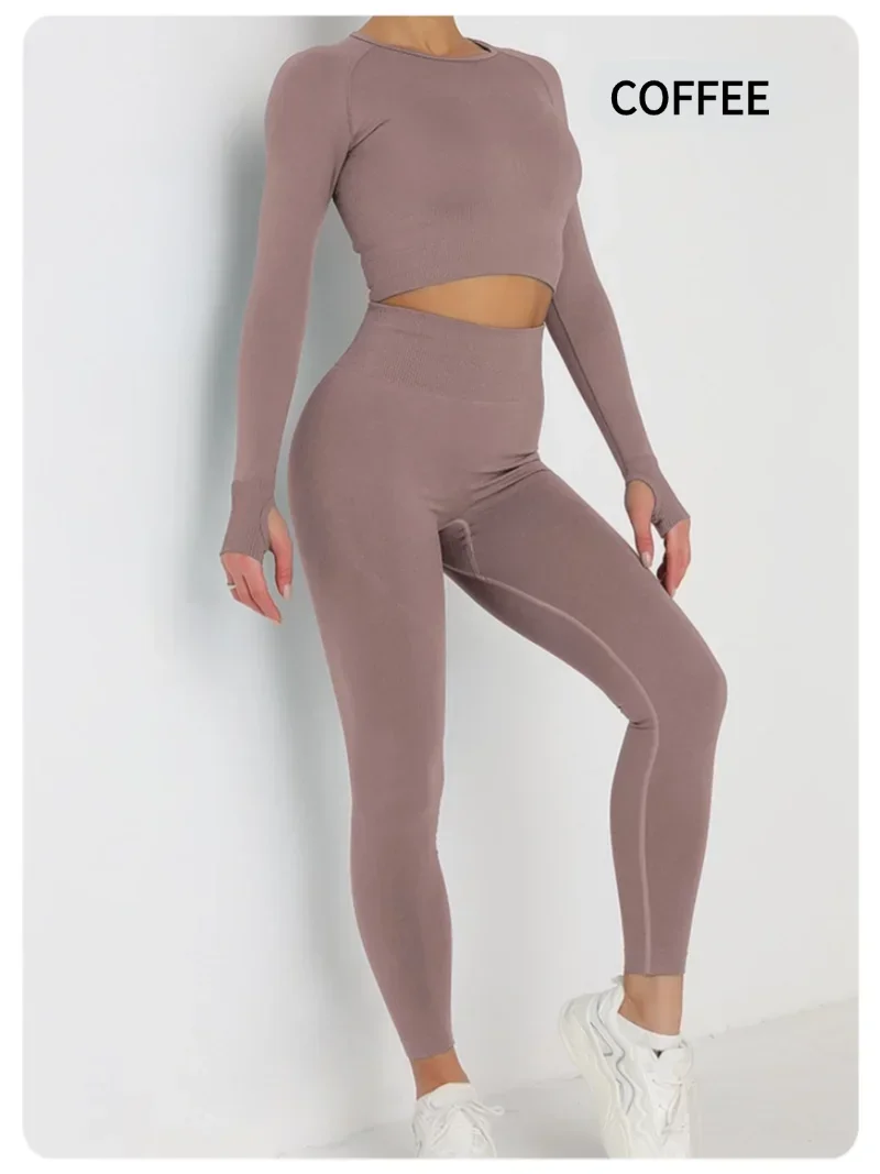 Conjunto de traje de Yoga de manga larga y cintura alta ajustado sin costuras para mujer para otoño e invierno, conjunto de traje deportivo y de Fitness